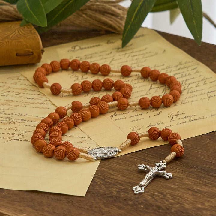 Christianartworkshop Carved Amber Floral Rose Beads Rosary with Miraculous Medal: Bloom of Devotion - image 3
