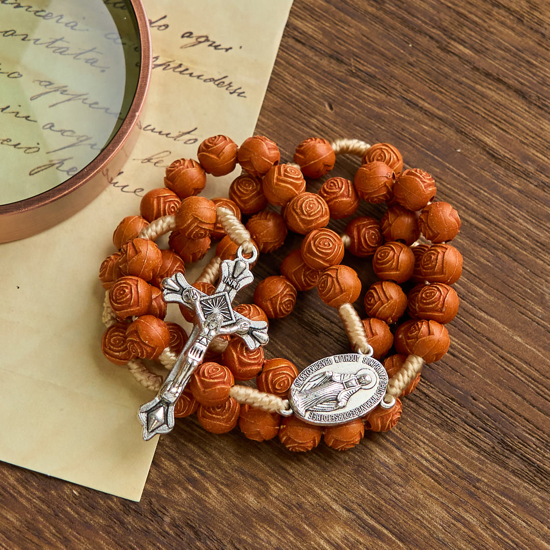 Christianartworkshop Carved Amber Floral Rose Beads Rosary with Miraculous Medal: Bloom of Devotion - image 5
