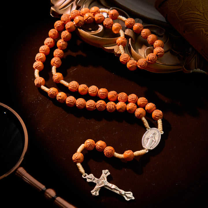 Christianartworkshop Carved Amber Floral Rose Beads Rosary with Miraculous Medal: Bloom of Devotion - Our Lady & Crucifix - image 0
