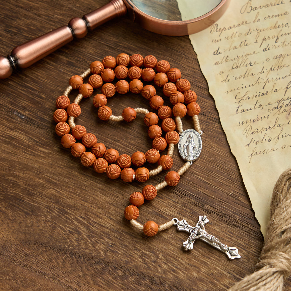 Christianartworkshop Carved Amber Floral Rose Beads Rosary with Miraculous Medal: Bloom of Devotion - image 1