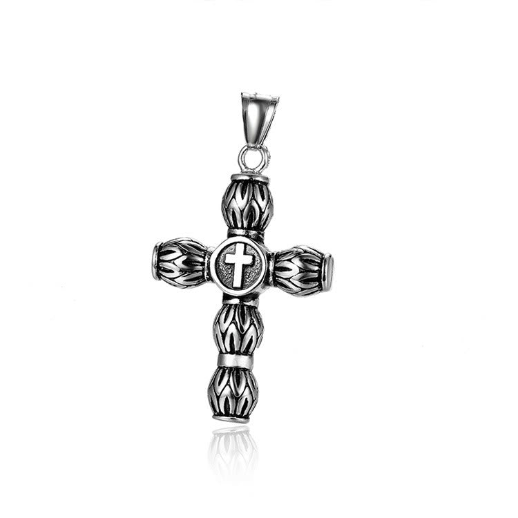 Christianartworkshop Flame-Pattern Thick Cylinder Cross Necklace with Raised Center Emblem