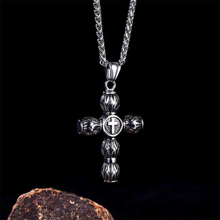 Christianartworkshop Flame-Pattern Thick Cylinder Cross Necklace with Raised Center Emblem