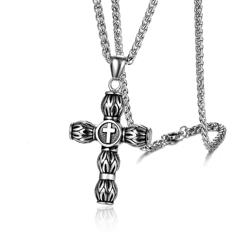 Christianartworkshop Flame-Pattern Thick Cylinder Cross Necklace with Raised Center Emblem