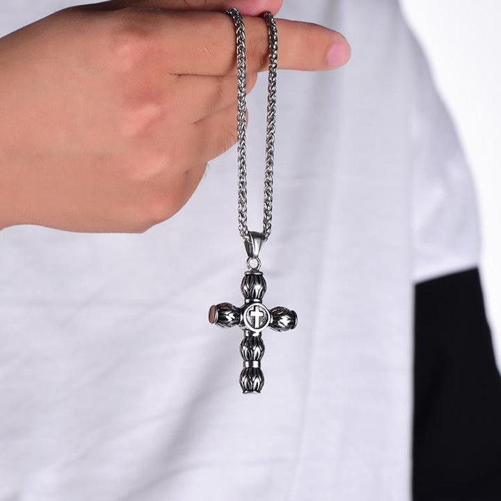 Christianartworkshop Flame-Pattern Thick Cylinder Cross Necklace with Raised Center Emblem