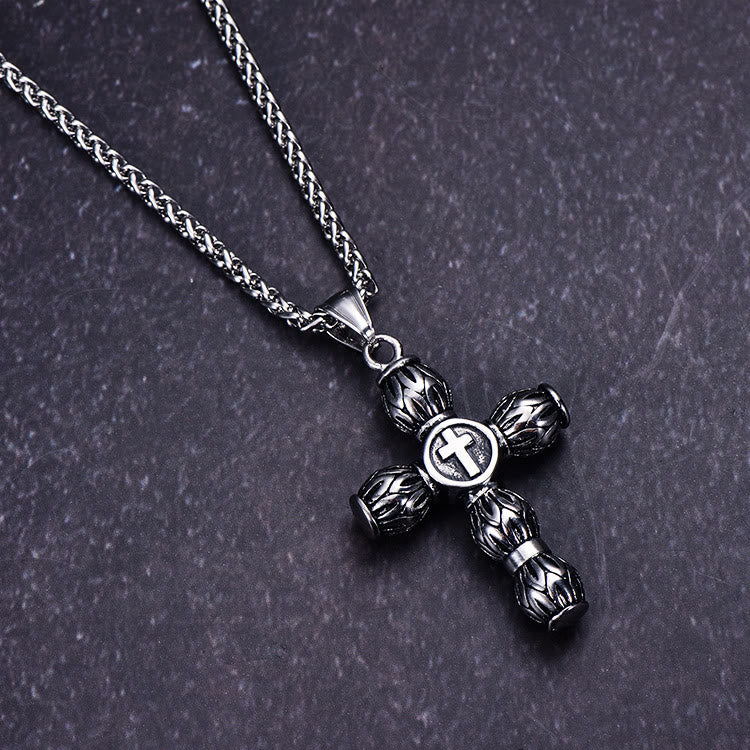 Christianartworkshop Flame-Pattern Thick Cylinder Cross Necklace with Raised Center Emblem