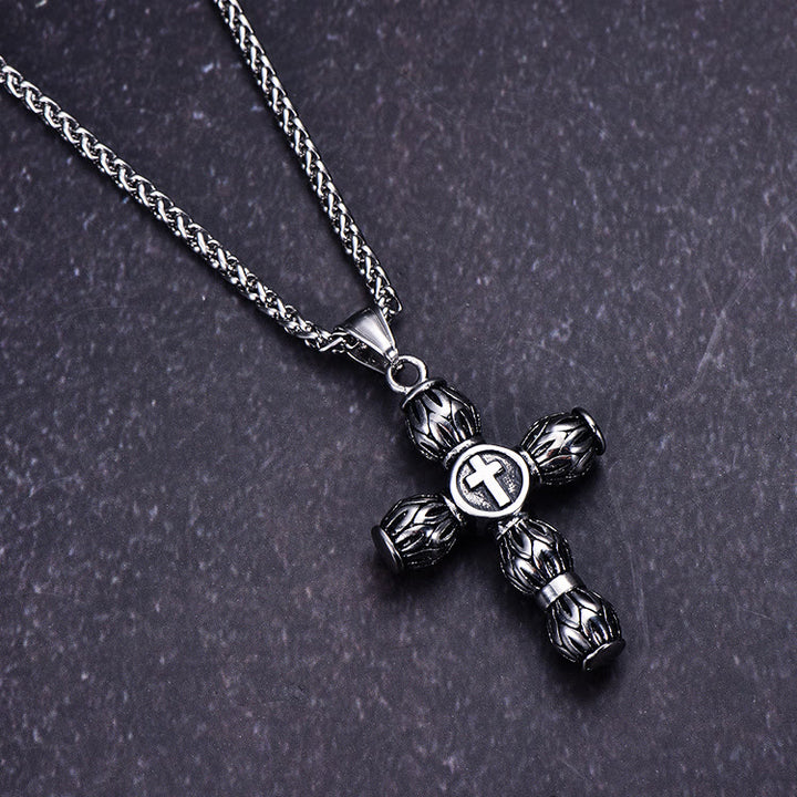 Christianartworkshop Flame-Pattern Thick Cylinder Cross Necklace with Raised Center Emblem