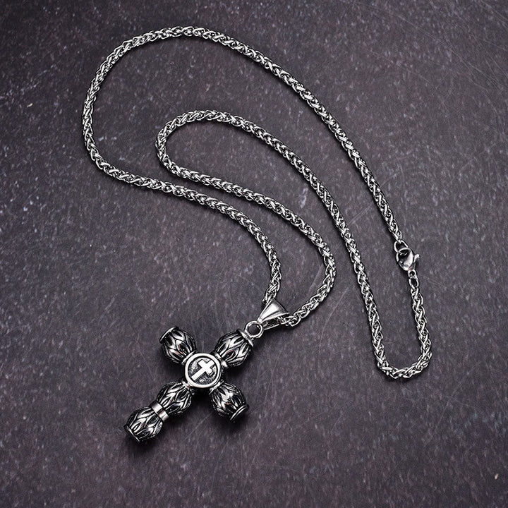 Christianartworkshop Flame-Pattern Thick Cylinder Cross Necklace with Raised Center Emblem