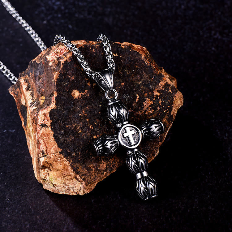 Christianartworkshop Flame-Pattern Thick Cylinder Cross Necklace with Raised Center Emblem