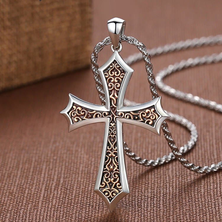 Christianartworkshop S925 Sharp Edge Cross Necklace with Vintage Amber Baroque Scroll Accents - Cross - image 1