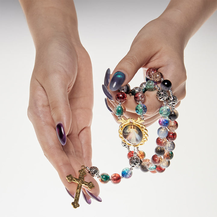 Christianartworkshop Gradient Multicolor Glass Bead & Brass Crucifix Rosary with Divine Mercy Medal - image 7