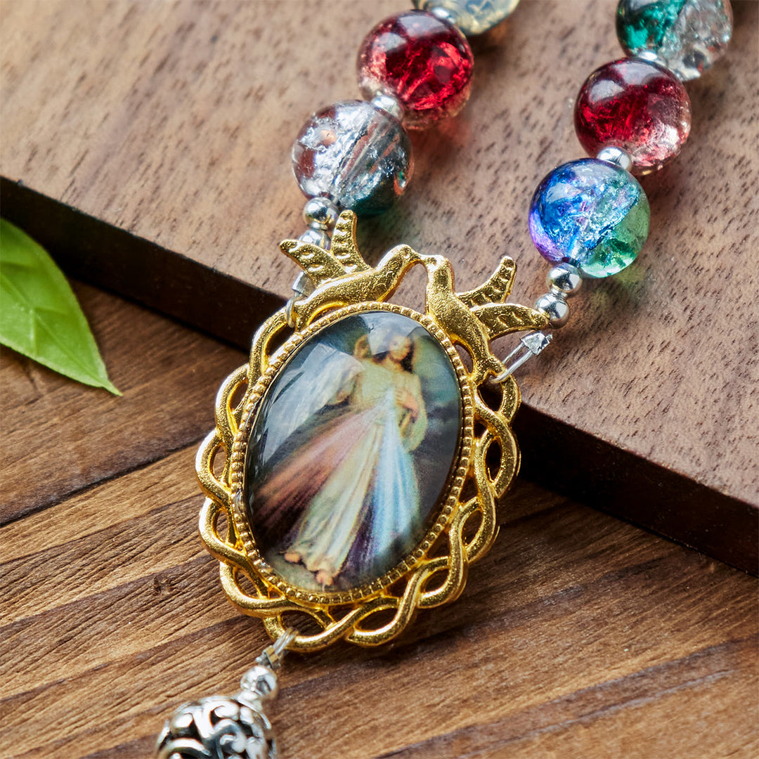 Christianartworkshop Gradient Multicolor Glass Bead & Brass Crucifix Rosary with Divine Mercy Medal - image 5