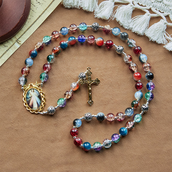 Christianartworkshop Gradient Multicolor Glass Bead & Brass Crucifix Rosary with Divine Mercy Medal - image 3