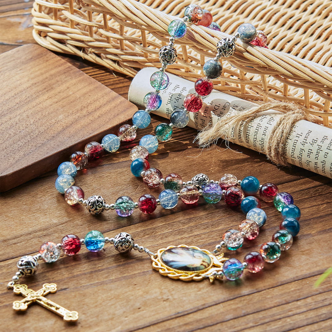 Christianartworkshop Gradient Multicolor Glass Bead & Brass Crucifix Rosary with Divine Mercy Medal - image 2