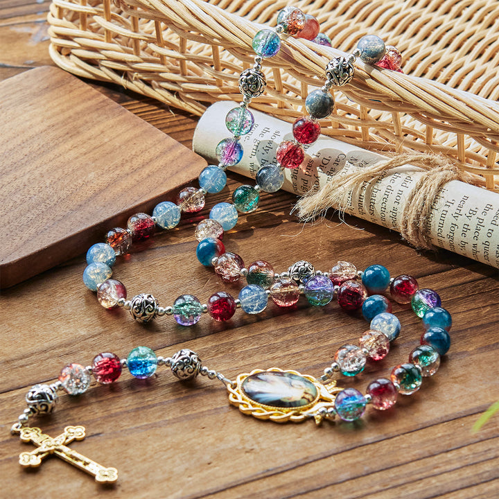Christianartworkshop Gradient Multicolor Glass Bead & Brass Crucifix Rosary with Divine Mercy Medal - image 2