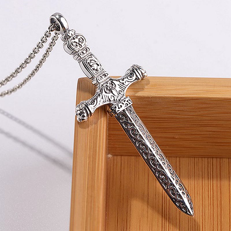 Christianartworkshop Vintage Sterling Silver Sword Cross Sacred Necklace with Medieval Etchings - S925 - image 0
