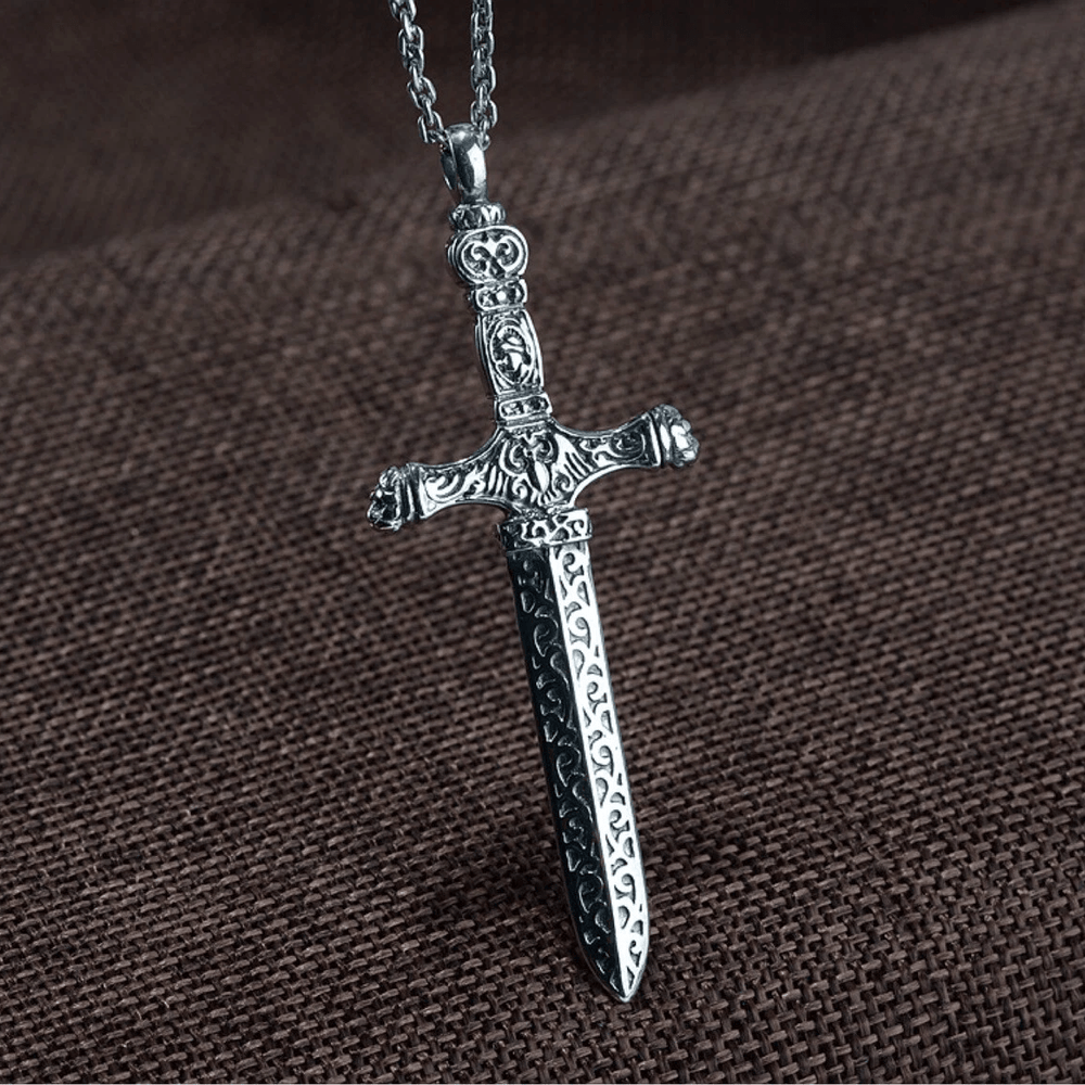 Christianartworkshop Vintage Sterling Silver Sword Cross Sacred Necklace with Medieval Etchings - image 2