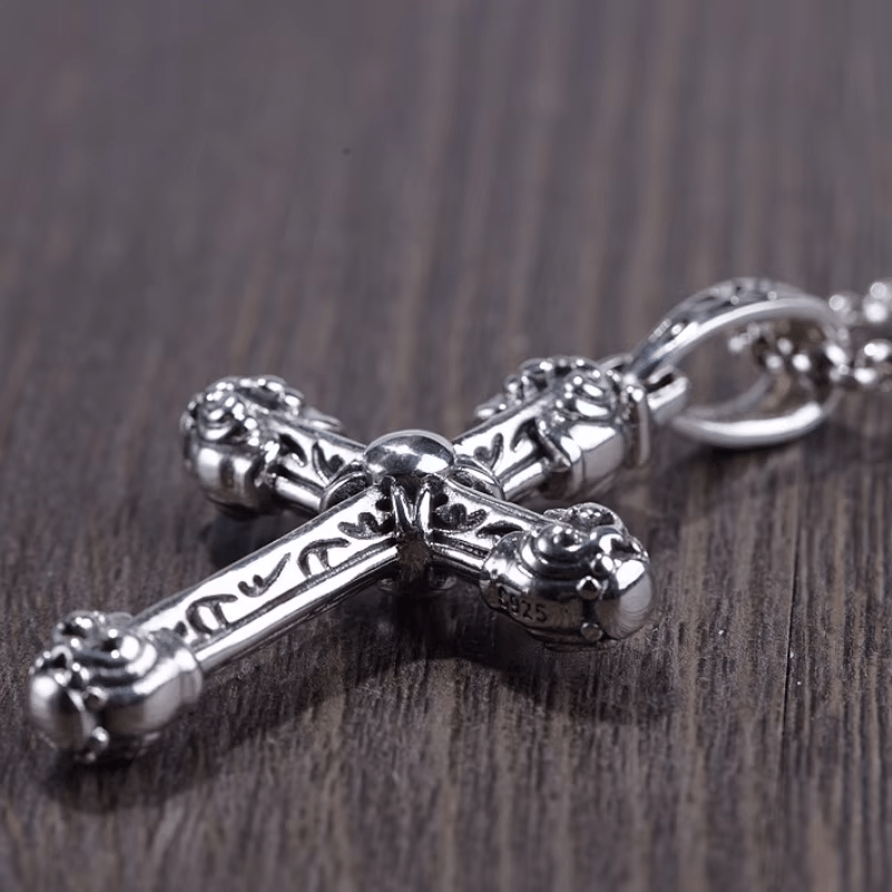 Christianartworkshop Thick Solid Sterling Silver Ornate Sword Cross Necklace with Gothic Scrolls - image 5