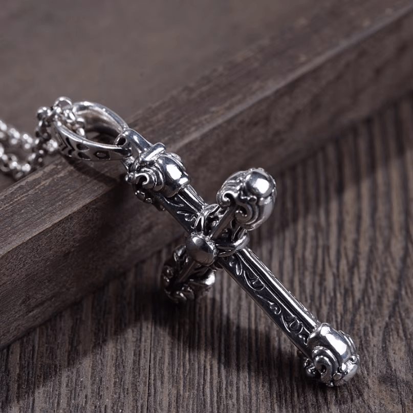 Christianartworkshop Thick Solid Sterling Silver Ornate Sword Cross Necklace with Gothic Scrolls - image 3