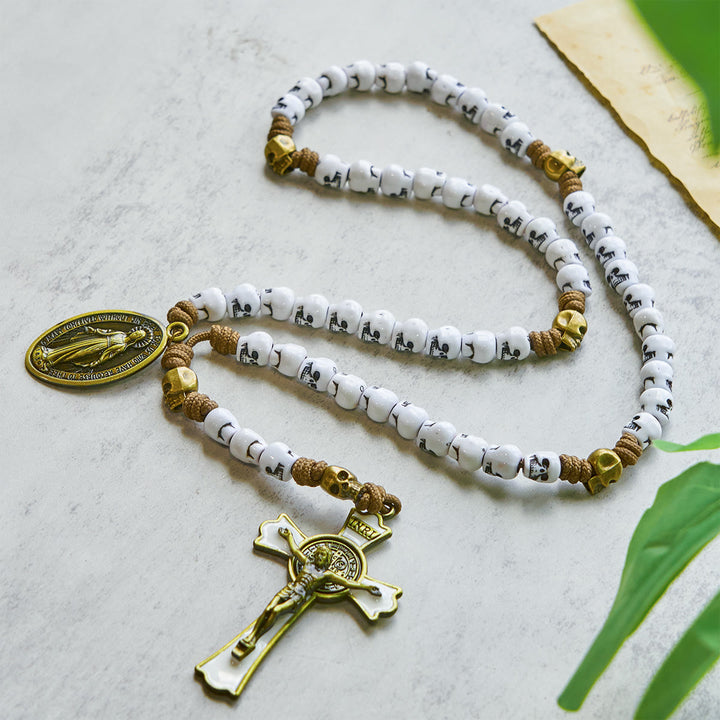 Christianartworkshop Rebel Style White Skull Beads with Miraculous Medal & INRI Crucifix Rosary - image 2