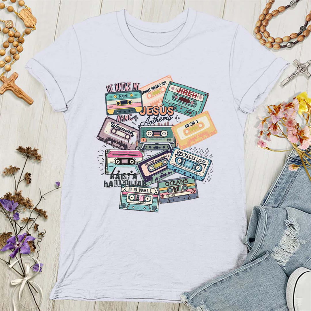 Christianartworkshop Jesus Anthems with Colorful Cassettes Soft Christian Women's T-shirt