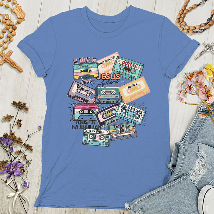 Christianartworkshop Jesus Anthems with Colorful Cassettes Soft Christian Women's T-shirt
