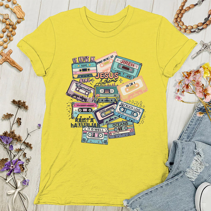 Christianartworkshop Jesus Anthems with Colorful Cassettes Soft Christian Women's T-shirt
