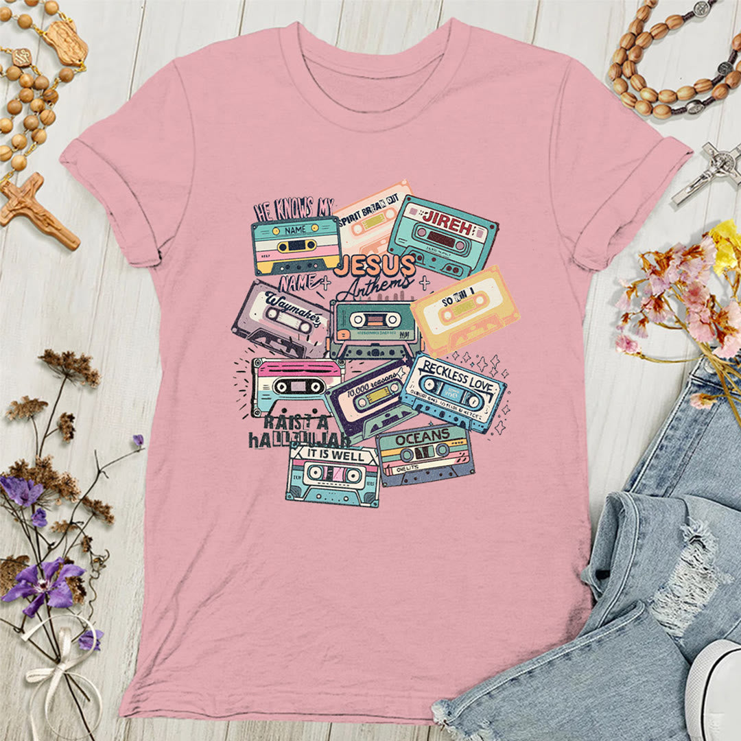 Christianartworkshop Jesus Anthems with Colorful Cassettes Soft Christian Women's T-shirt