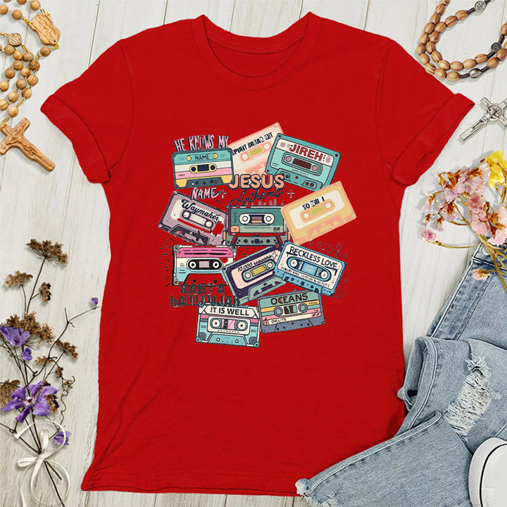 Christianartworkshop Jesus Anthems with Colorful Cassettes Soft Christian Women's T-shirt