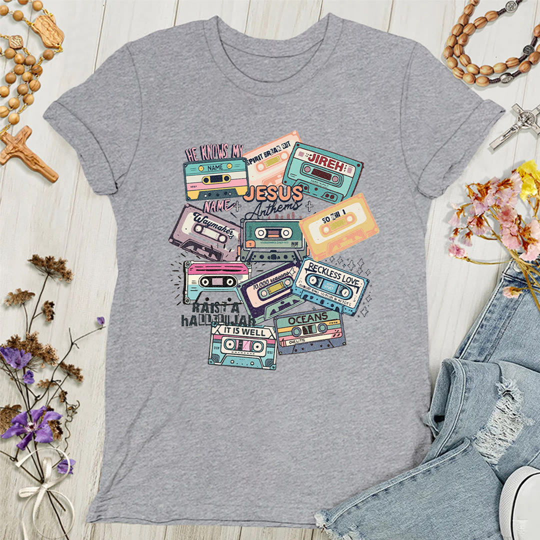 Christianartworkshop Jesus Anthems with Colorful Cassettes Soft Christian Women's T-shirt