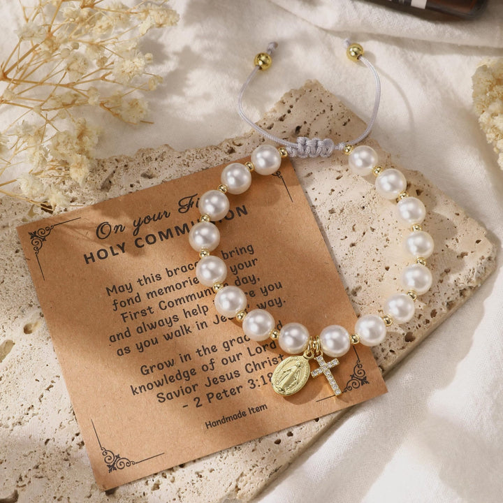 Christianartworkshop PRAYERFUL FAITH: Elegant Miraculous Medal White Bracelet with Bible Verse Card - Woven Bracelet (Wrist Circumference: 6.3"-7.5"/16-19cm) - image 0