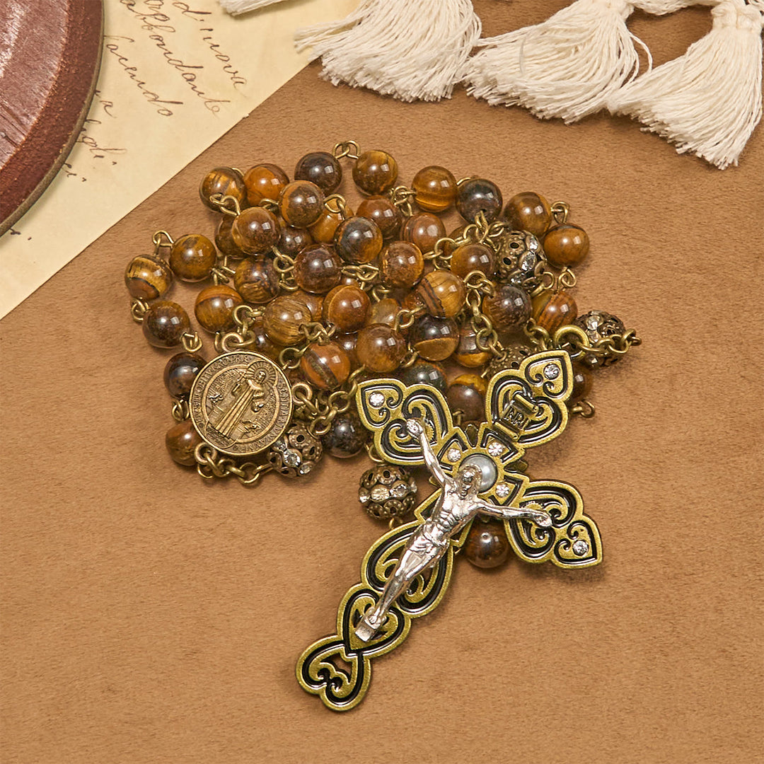 Christianartworkshop Natural Tiger Eye Beads and Bronze St. Benedict Medal & Crucifix Rosary - image 6