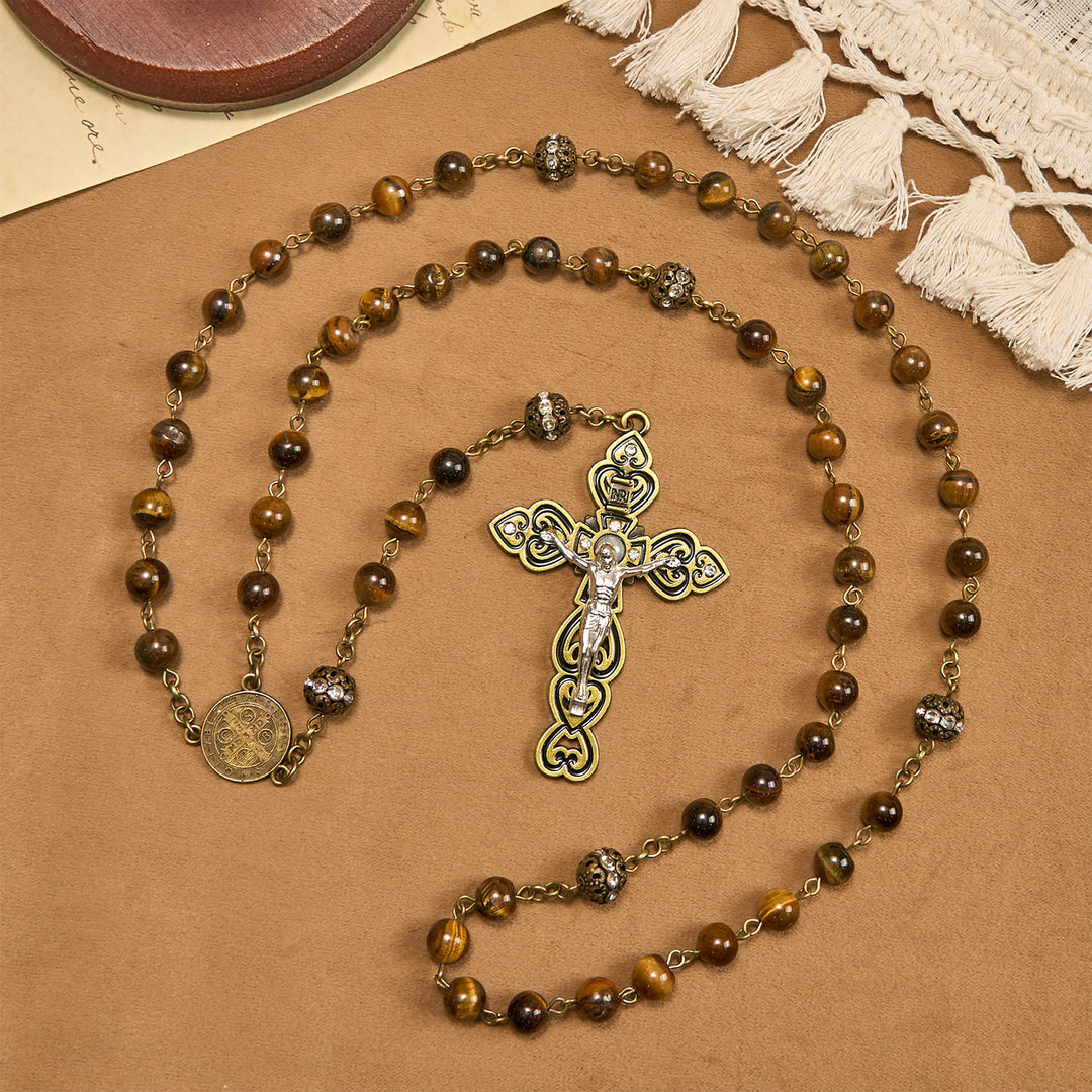 Christianartworkshop Natural Tiger Eye Beads and Bronze St. Benedict Medal & Crucifix Rosary - St. Benedict & Crucifix - image 0