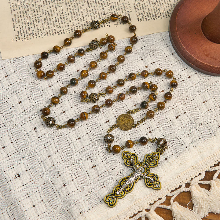 Christianartworkshop Natural Tiger Eye Beads and Bronze St. Benedict Medal & Crucifix Rosary - image 1