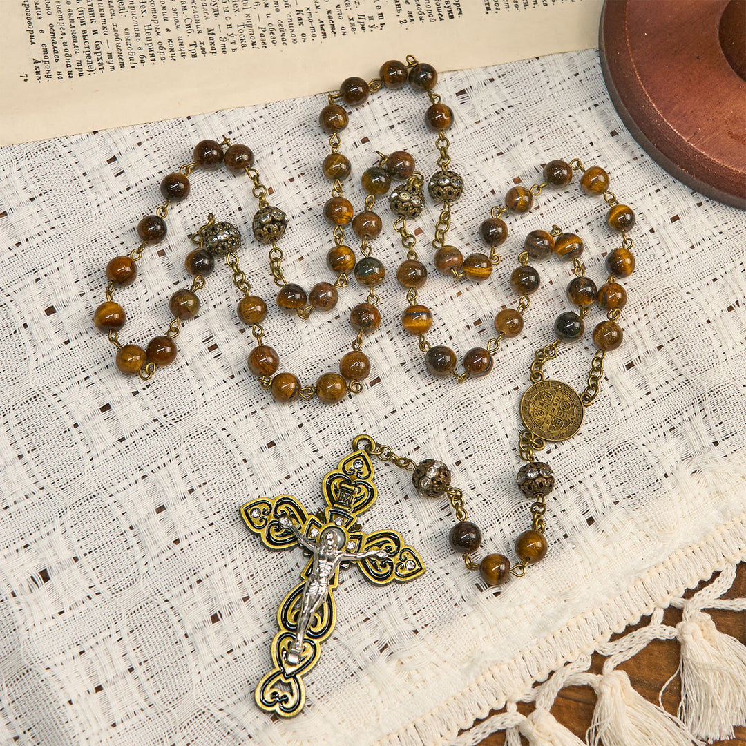Christianartworkshop Natural Tiger Eye Beads and Bronze St. Benedict Medal & Crucifix Rosary - image 2