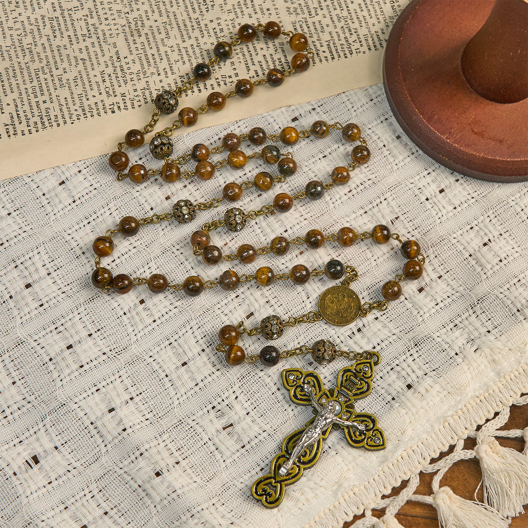 Christianartworkshop Natural Tiger Eye Beads and Bronze St. Benedict Medal & Crucifix Rosary - image 3