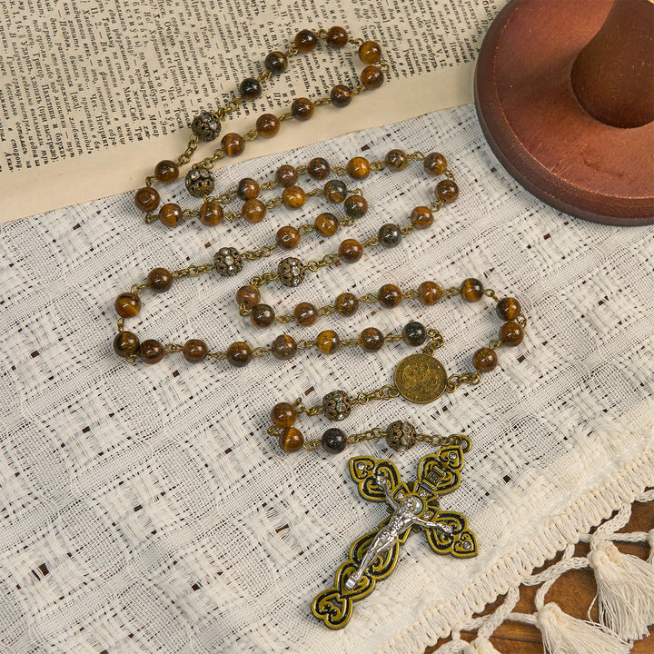 Christianartworkshop Natural Tiger Eye Beads and Bronze St. Benedict Medal & Crucifix Rosary - image 3