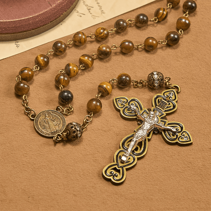Christianartworkshop Natural Tiger Eye Beads and Bronze St. Benedict Medal & Crucifix Rosary - image 4