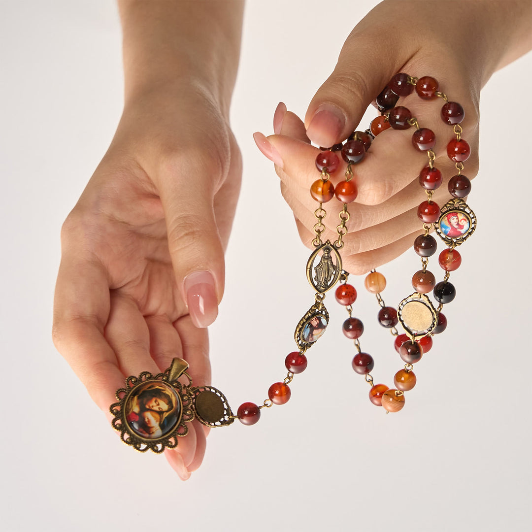 Christianartworkshop Madonna Medal & Saint Symbols of Dreamy Brown Agate Beads Rosary - image 7