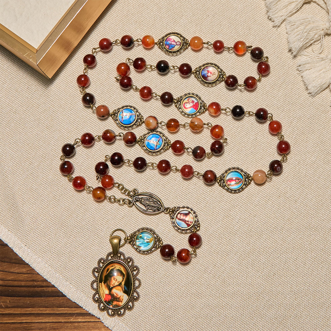 Christianartworkshop Madonna Medal & Saint Symbols of Dreamy Brown Agate Beads Rosary - image 2