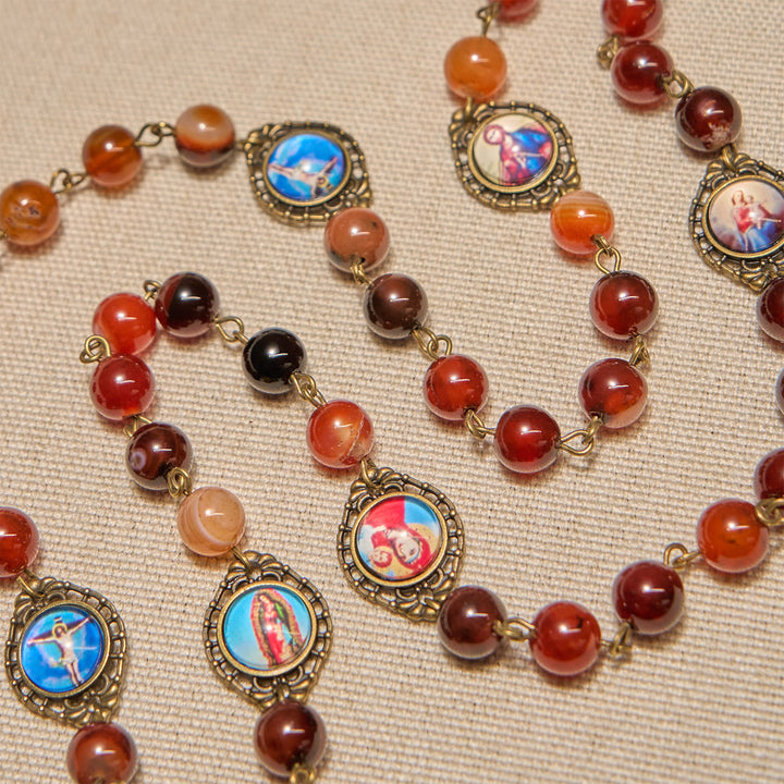 Christianartworkshop Madonna Medal & Saint Symbols of Dreamy Brown Agate Beads Rosary - image 5