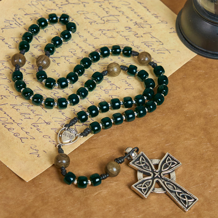 Christianartworkshop Matte Green Cube Beads Rosary with Sacred Heart of Jesus & Celtic Cross - Deep Green - image 1