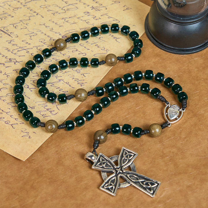 Christianartworkshop Matte Green Cube Beads Rosary with Sacred Heart of Jesus & Celtic Cross - image 5