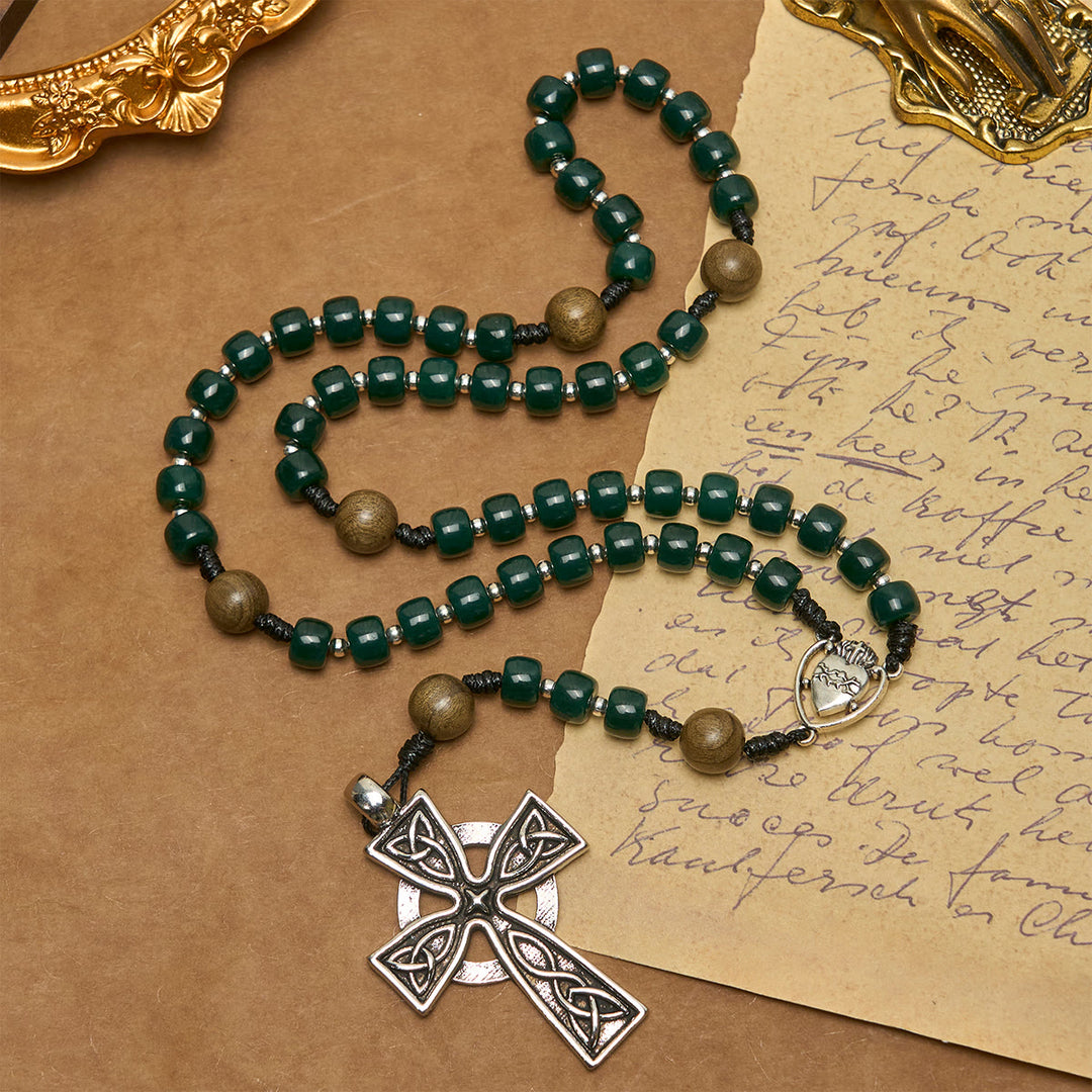 Christianartworkshop Matte Green Cube Beads Rosary with Sacred Heart of Jesus & Celtic Cross - image 4