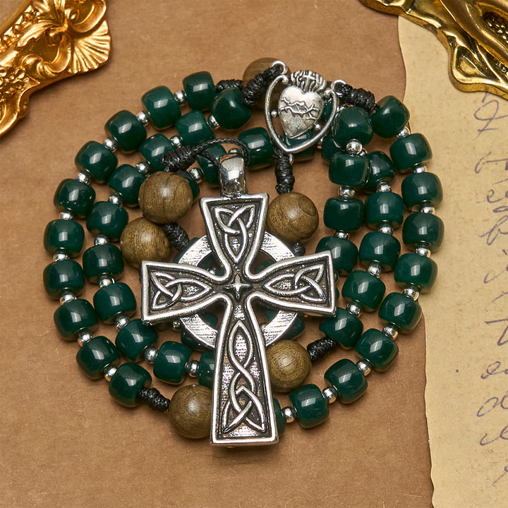 Christianartworkshop Matte Green Cube Beads Rosary with Sacred Heart of Jesus & Celtic Cross - image 3