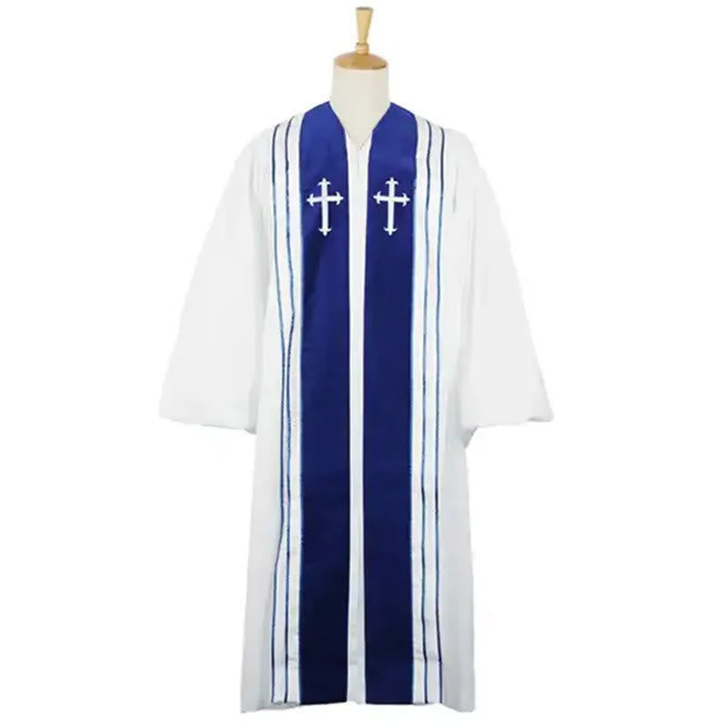 Christianartworkshop White Church Clergy Robe with Embroidered Crosses and Blue Panel Design - image 5