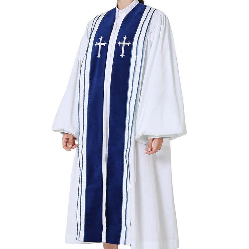 Christianartworkshop White Church Clergy Robe with Embroidered Crosses and Blue Panel Design - image 4