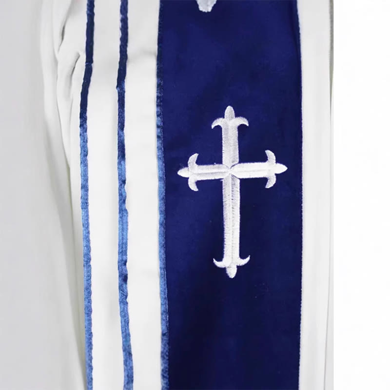 Christianartworkshop White Church Clergy Robe with Embroidered Crosses and Blue Panel Design - image 8