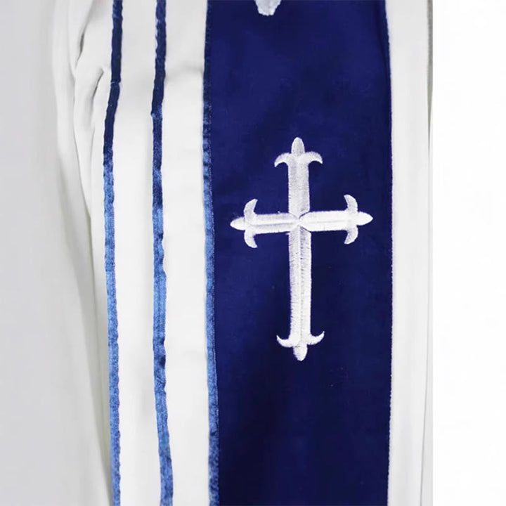 Christianartworkshop White Church Clergy Robe with Embroidered Crosses and Blue Panel Design - image 8