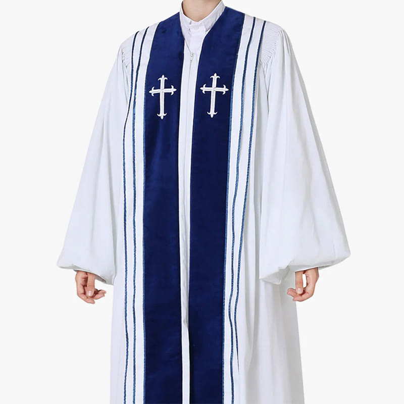 Christianartworkshop White Church Clergy Robe with Embroidered Crosses and Blue Panel Design - 3XL - image 3