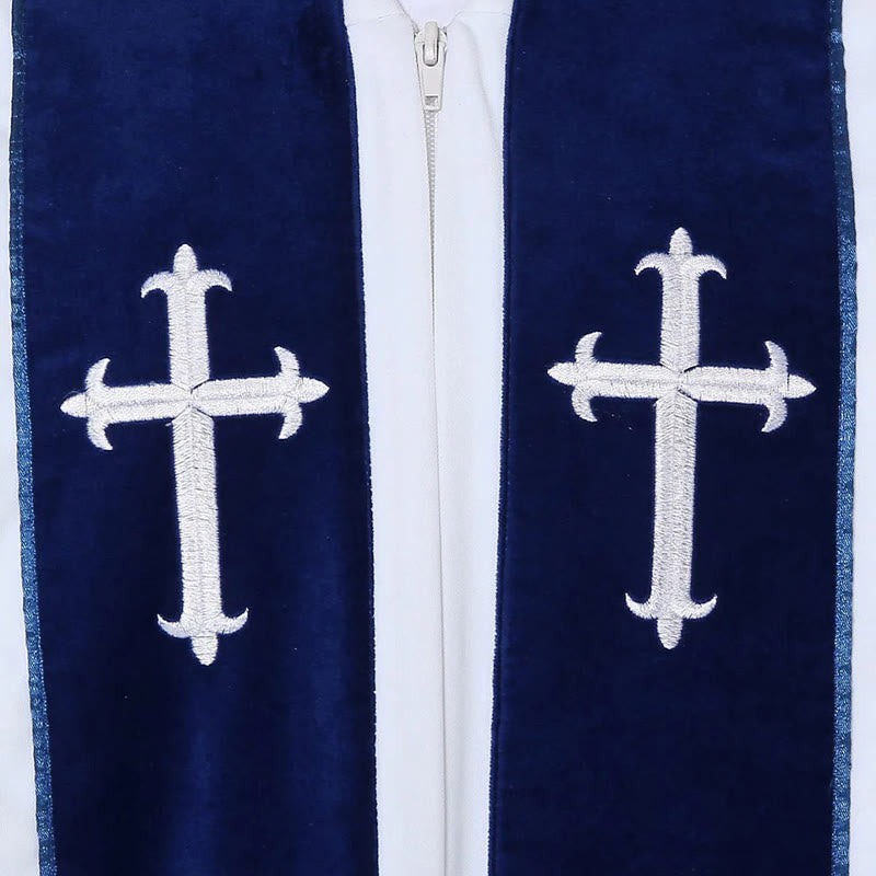 Christianartworkshop White Church Clergy Robe with Embroidered Crosses and Blue Panel Design - image 9